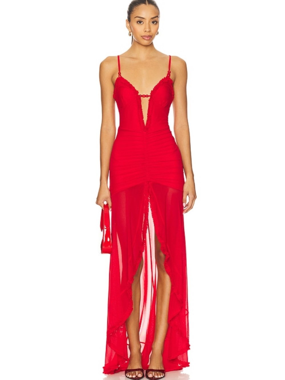 Red Plunge Maxi Dress with Sheer Paneling